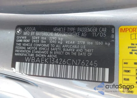 2006 BMW 650I z USA, uszkodzony, nr VIN WBAEK13426CN76245